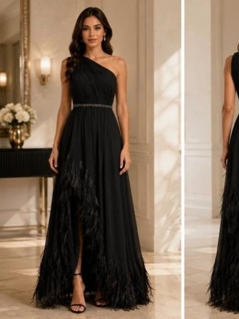 Mac Duggal Black Feather Trim One Shoulder Beaded Side Slit Dress